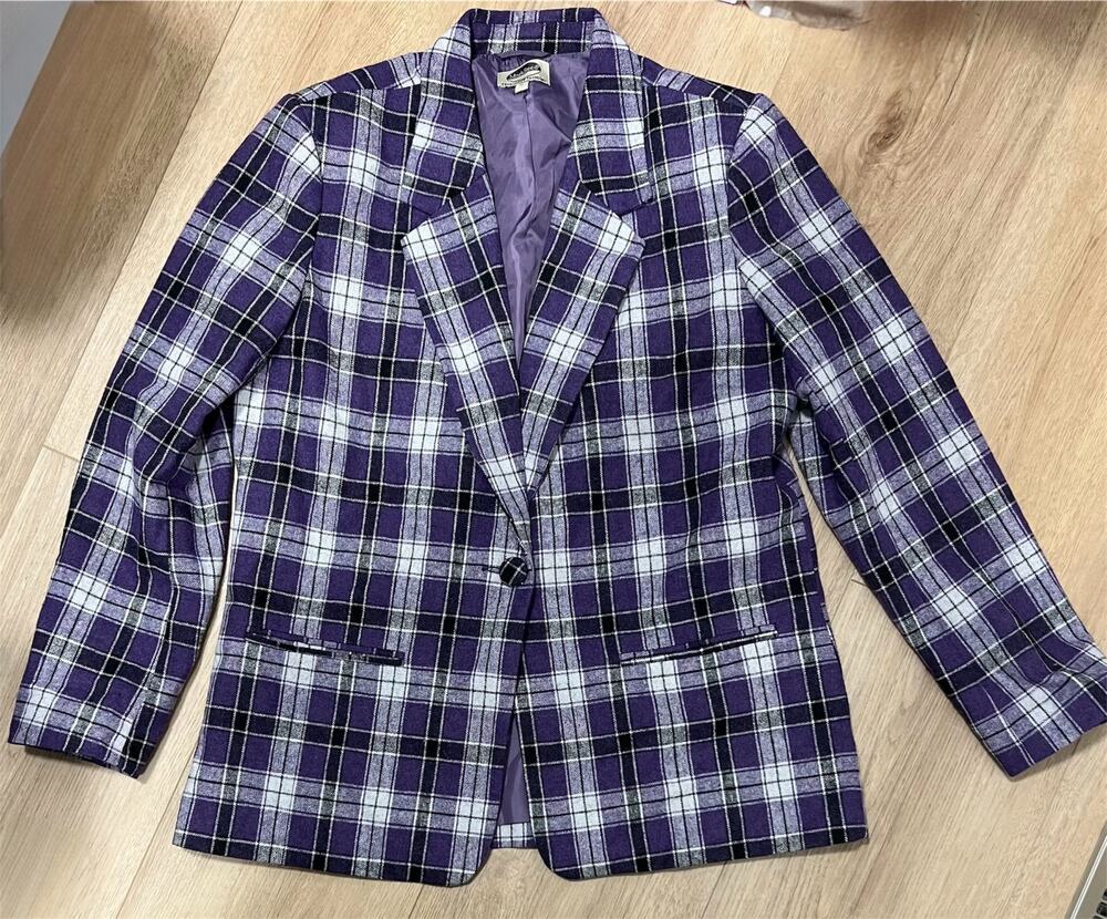 Vintage Plaid jacket blazer, purple wool blend 12